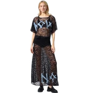 Long Black Lace Skirt, Lace skirt– Vintage-Inspired Black Mesh with Denim Letter Details. Perfect for Festivals & Boho Styling