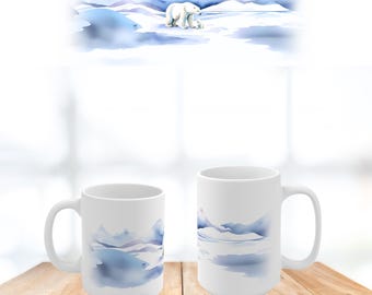 Polar Bears with Cub Mug, Arctic Wraparound Design, Cool and Calming Colors, Gift for Nature and Animal Lovers, Winter Polar Landscape