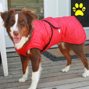 Winter Dog Coat, Red quilted dog coat, custom dog coat, Red dog coat, warm dog coat with quilted nylon and tummy panel