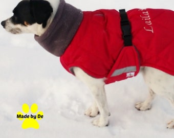 Winter Dog Coat, Ultra Custom Dog Coat with turtleneck/snood, tummy panel, reflective strips for safety, cargo buckle closure, warm dog coat
