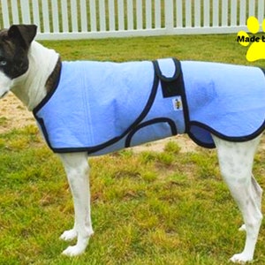 Dog Cool Coat, Chiller Plus Cool Coat, custom dog cooler, dog chamois coat with tummy cooler, dog grooming coat, dog after bath coat