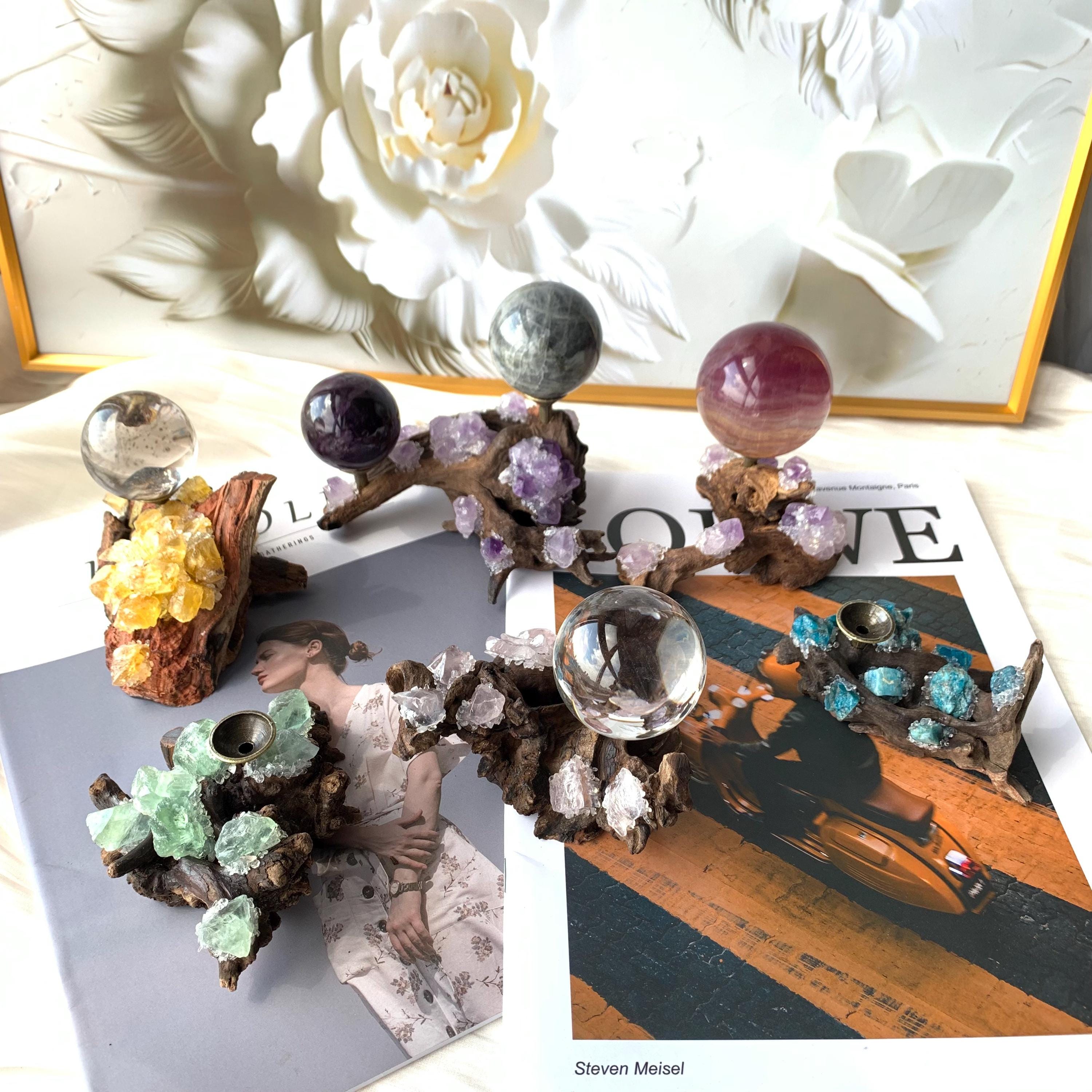 Handmade Natural Driftwood Sphere Holder，Home décor ornaments, crystal gifts