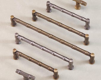 Bamboo Style Cupboard Pulls Antique Silver Brass Dresser Handles Drawer Pull T Knobs Handles Retro Kitchen Cabinet Pull Rustic Wardrobe Knob