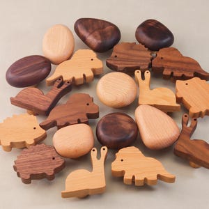 May include: A collection of wooden animal and rock shaped knobs in various shades of brown. The knobs feature designs of snails, hedgehogs, dinosaurs, and rocks.