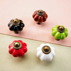 May include: Five decorative cabinet knobs in black, red, white, green, and brown. Each knob has a flower-like shape with a brass-coloured centre and base, suitable for furniture or home d&eacute;cor.