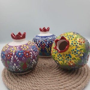 Hand-Painted Ceramic Pomegranate Vase Set Handmade Turkish Decorative Ornaments for Home and Table Decor (3 Pieces)