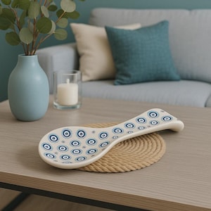 May include: A cream-colored ceramic spoon rest with a pattern of blue and white evil eye designs. The spoon rest is resting on a round, woven coaster. A blue vase with greenery and a lit candle are in the background.