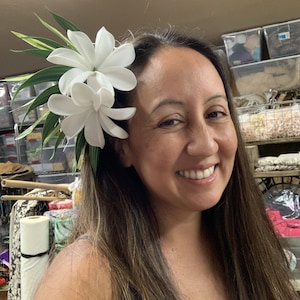 Giant Twin Tiare with Green Leaves Flower Hair Clip