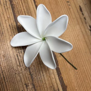 May include: A white plumeria flower with seven petals and a green stem. The flower is set against a wooden background. The petals are smooth and slightly curved, with a subtle texture.