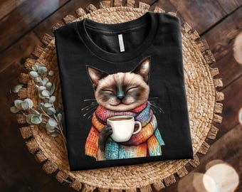 Maglietta da caffè con gatto siamese, simpatico gattino con sciarpa, maglietta unisex in cotone, regalo per amanti dei gatti e del caffè, adorabile maglietta con gatto