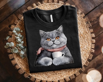 Cute British Cat Coffee T-shirt | Unisex Cotton Tee | Scarf-Wearing Cat Design | Perfect Gift for Cat and Coffee Lovers