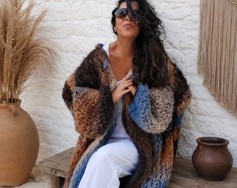 Handmade Ombre Mohair Alpaca Cardigan , Oversized Knit Cardigan ,OOAK Luxury Knitwear