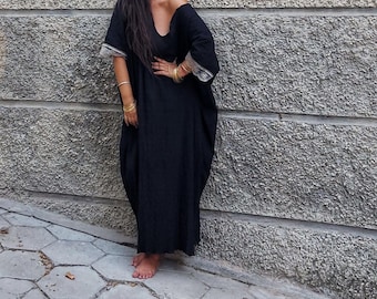 Boho Kaftan Frauen,Gold Spitze Boho,Kenar Baumwolle lange Kaftan,Boho schwarz Kaftan,Kleid Boho Frauen Bio-Baumwolle,Casual Dress Damen