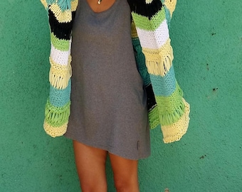 AGOTADO Cárdigan de ganchillo estilo boho, 100% algodón, tejido hecho a mano, chaleco fucsia