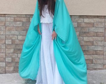AUSVERKAUFT Boho Türkis Kimono: Kaftan aus Viskose Baumwolle