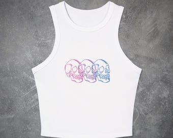 Skull Subtle Bisexual Micro Rib Racer Tank- LGBTQ Goth Punk Bi Gay WLW Pride Flag Parade Y2k Women's Sapphic Crop Top Baby Tee Gift for Her