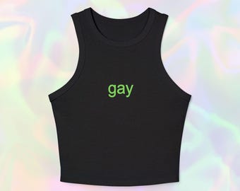 Gay Brat Meme Racer Tank Top- Brat Summer Y2k Style Baby Tee Lime Green Apple Funny LGBT Pride Month Tee Shirt Rave Crop Top Tshirt Gift