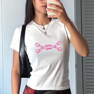 Lesbian Scissors Baby Tee- y2k Subtle Funny LGBT Scissoring WLW Pride Month Pink Girl Sapphic T Shirt Tshirt Unisex Crop Top Gift for Her