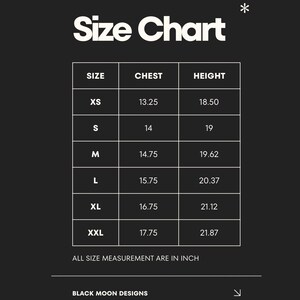 May include: A size chart on a black background with white text. The chart includes sizes XS to XXL, chest measurements from 13.25 to 17.75 inches, and height measurements from 18.50 to 21.87 inches. The text "ALL SIZE MEASUREMENT ARE IN INCH" is at the bottom.