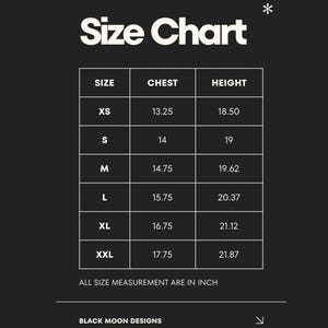 May include: A size chart on a black background with white text. The chart includes sizes XS to XXL, chest measurements from 13.25 to 17.75 inches, and height measurements from 18.50 to 21.87 inches. The text "ALL SIZE MEASUREMENT ARE IN INCH" is also included.