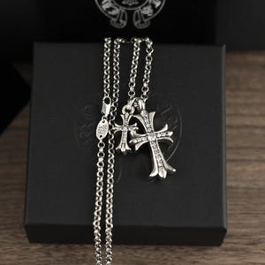 CH In Box 925 Silber Vintage Doppel Zirkon Kreuz Anhänger Halskette Chrom Kette Gothic Style Y2K Schmuck Geburtstagsgeschenk 60 CM