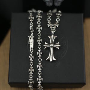 CH In Box 925 Silber Kreuz Blume Anhänger Halskette Kreuz Blume Kette gothic style Y2K Schmuck Geburtstag Geschenk 60 CM