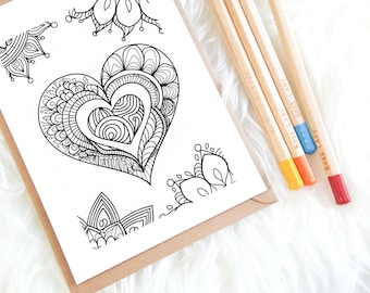 Página para colorear de San Valentín con forma de corazón Zentangle para adultos, arte de mandala de amor, actividad de relajación consciente, alivio del estrés, descarga digital, PDF imprimible