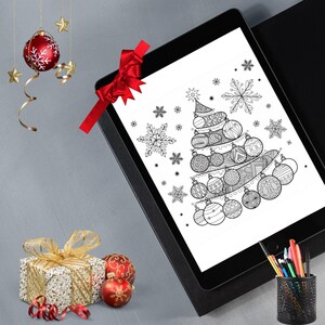 May include: A black and white printable coloring page featuring a Christmas tree made of ornaments. The tree is decorated with snowflakes and stars.