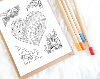 Página para colorear de San Valentín con forma de corazón Zentangle para adultos, arte de mandala de amor, actividad de relajación consciente, alivio del estrés, descarga digital, PDF imprimible