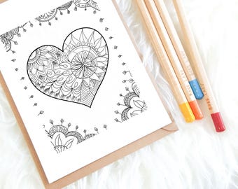 Página para colorear de San Valentín con forma de corazón Zentangle para adultos, arte de mandala de amor, actividad de relajación consciente, alivio del estrés, descarga digital, PDF imprimible