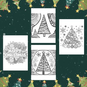 May include: Four printable coloring pages featuring intricate Christmas tree designs. Each page includes a different tree design with detailed patterns and ornaments. The pages are perfect for adults and children who enjoy coloring.