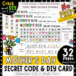 Può includere: Una scheda fai-da-te e codice segreto per la festa della mamma con 32 pagine. Il design include un gioco di missione segreta con una chiave di decodifica, simpatiche illustrazioni e la scritta "Festa della mamma" a grandi lettere. Il testo "Crack and DIY Cut & Paste Fun!" è incluso.