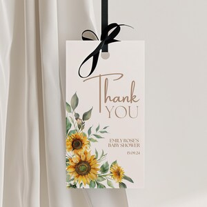 Zonnebloem babyshower bedanklabel, bloemen label babyshower, gele babyshower, zonnebloem, bijen, zonneschijn, schattig, chique boho, elegant, bewerkbaar