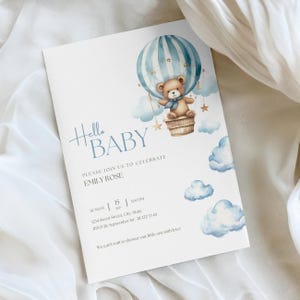 Blue Teddy Bear Baby Shower Invitation, Hot Air Balloon Teddy Bear, Blue Baby Shower, Clouds Baby Shower Invitation, Minimal, Cute, Boho