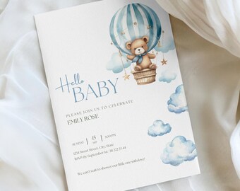 Blue Teddy Bear Baby Shower Invitation, Hot Air Balloon Teddy Bear, Blue Baby Shower, Clouds Baby Shower Invitation, Minimal, Cute, Boho