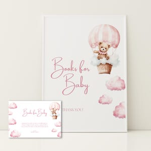 Chá de bebê de ursinho rosa, balão de ar quente de ursinho rosa, livros rosa para cartão de bebê, livros para placa de bebê, ursinho de pelúcia, fofo, boho, minimalista HB10