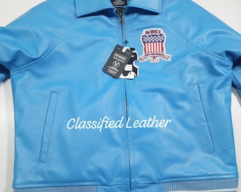 Handmade Men's Sky Blue Cowhide Leather Avirex Jacket