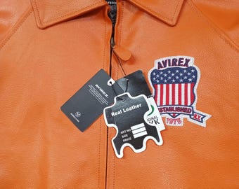 Handgemaakt oranje leren AVIREX USA-bomberjack, herenjas in militaire stijl