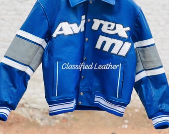 Handmade AVIREX USA Edition Blue Leather Bomber Jacket