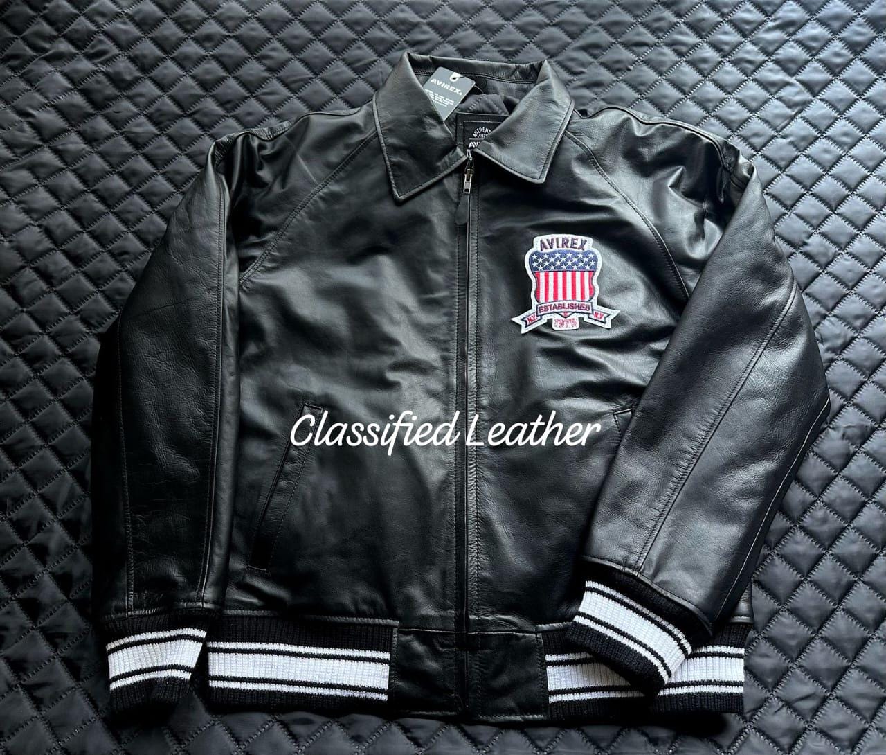 Handmade Men's Avirex Cowhide Leather Jacket: Iconic Black Bomber