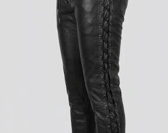 Pantalon en cuir à lacets pour homme – Style western | Pantalon en cuir véritable fait main
