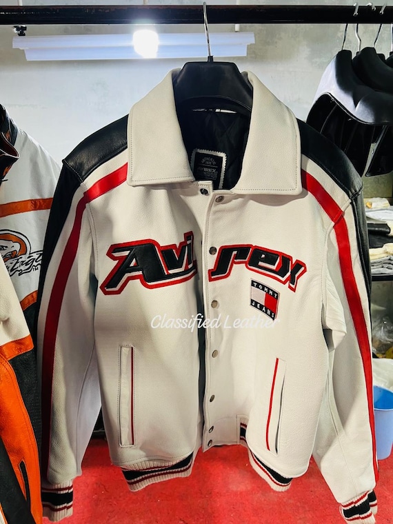 Handmade Cowhide Leather Avirex Jacket: White Tommy Jeans Style