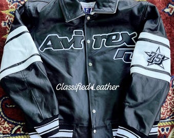 Handmade Men's Avirex Cowhide Leather Jacket: Black Brooklyn Style