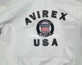 Jaqueta bomber masculina Avirex de couro legítimo branca como a neve, feita à mão