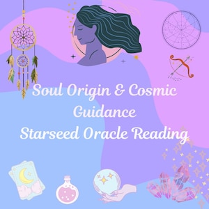 Op de afbeelding: Een digitale illustratie met een paarse en blauwe achtergrond. Het toont een vrouwenprofiel, een dromenvanger en andere mystieke symbolen. De tekst luidt "Soul Origin & Cosmic Guidance Starseed Oracle Reading."