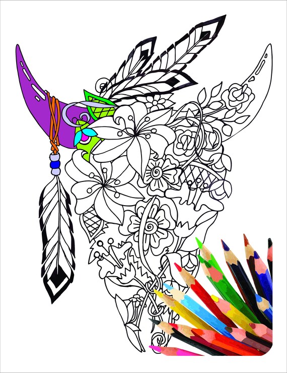 Cow Skull Adult Coloring Page Etsy