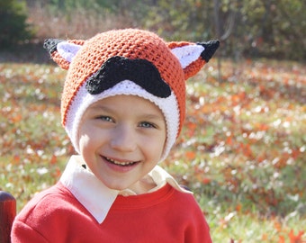 Mustache Fox Hat, Crochet Fox Beanie, Mustache Clothing, Animal Hat, Fox Hat, Photography Prop, Children's Clothing