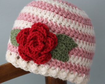 Chapeau rose, chapeau de fleur, bonnet au crochet, rose au crochet, filles, femmes, chapeau d’hiver, cadeau de Noël, casquette de chimio, cadeau de bébé, cadeau de douche, rouge, violet