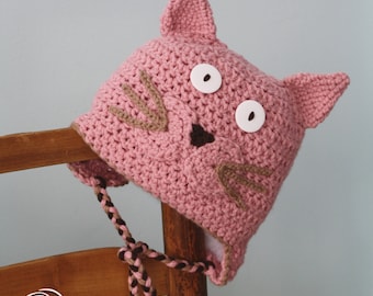 Cat Hat, Pink Kitty Hat, Earflap Hat, Crochet Beanie, Winter Hat, Halloween Costume, Children's Gift, Holiday Gift, Fun Hat, Girls, Women