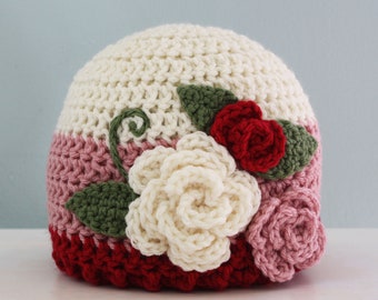 Rosenhatt, Virkad mössa, Accessoarer, Blomsterhatt, Damkläder, Flickkläder, Baby, Julklapp, Alla hjärtans dag-present, Födelsedag